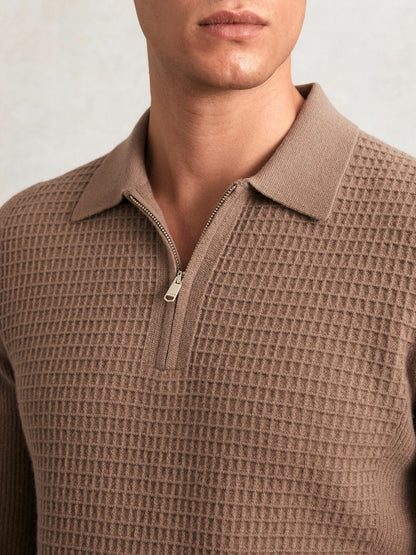 Wool Waffle-Knit Half-Zip Polo Shirt in Camel Brown | Reiss Men Featured