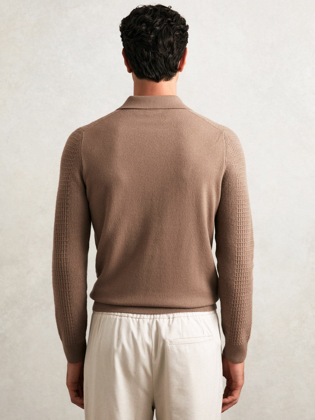 Wool Waffle-Knit Half-Zip Polo Shirt in Camel Brown | Reiss Men Featured