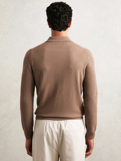 Wool Waffle-Knit Half-Zip Polo Shirt in Camel Brown | Reiss Men Featured