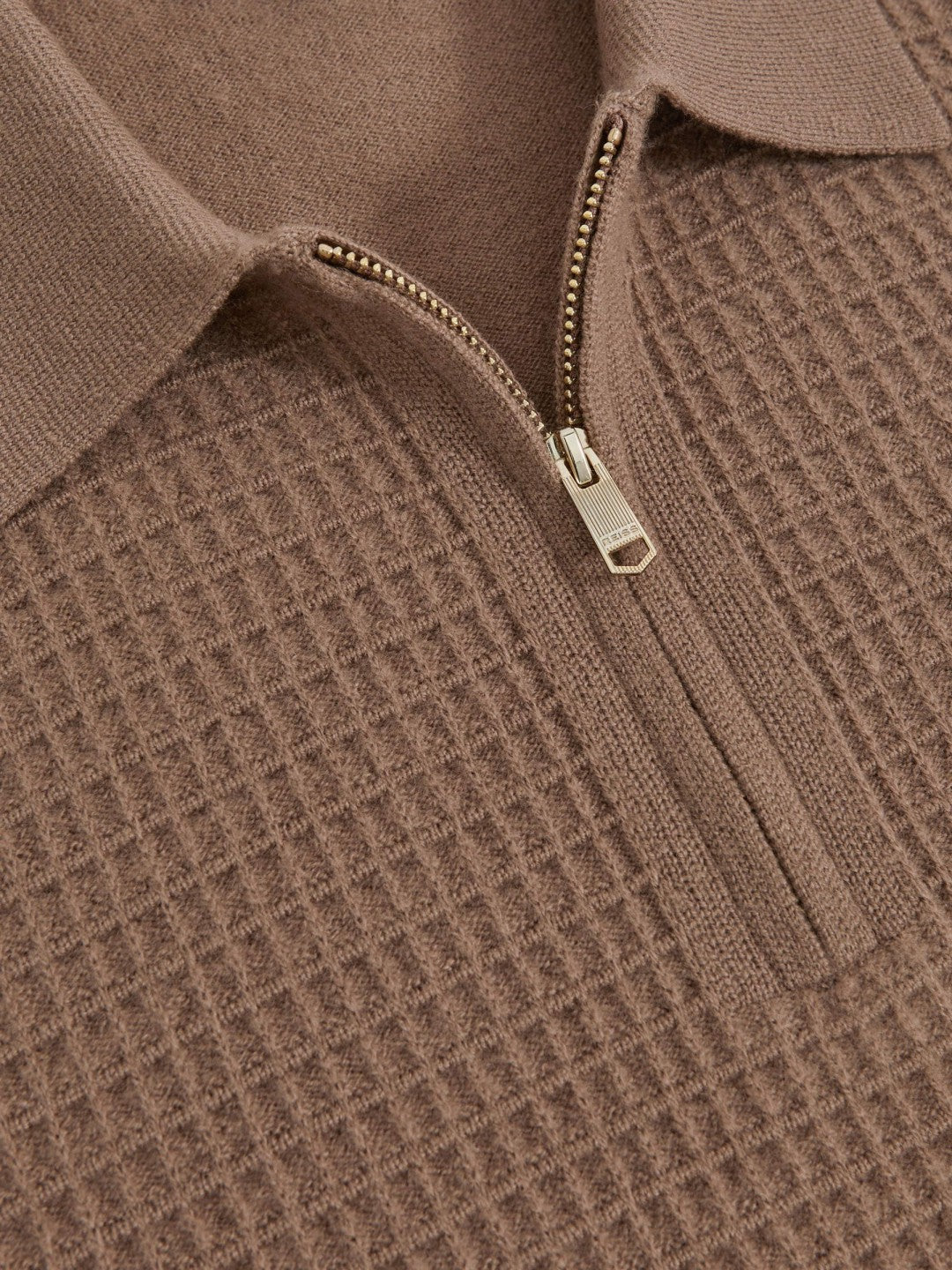 Wool Waffle-Knit Half-Zip Polo Shirt in Camel Brown | Reiss Men Featured