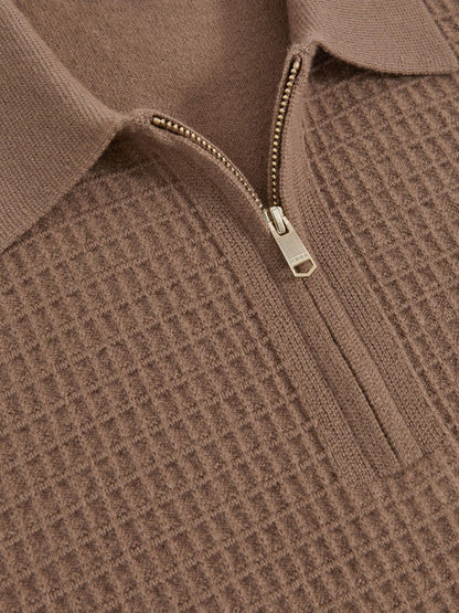 Wool Waffle-Knit Half-Zip Polo Shirt in Camel Brown | Reiss Men Featured