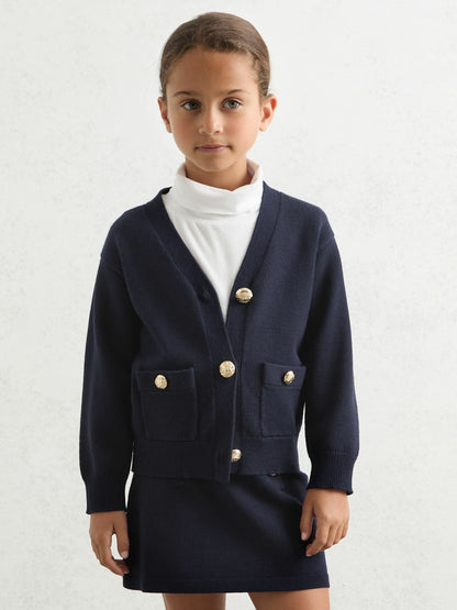 3-9 yrs Knitted Embossed-Button Cardigan in Navy | Reiss Children & Baby Featured