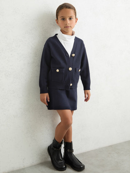 9-13 yrs Knitted Embossed-Button Cardigan in Navy | Reiss Children & Baby Exclusive