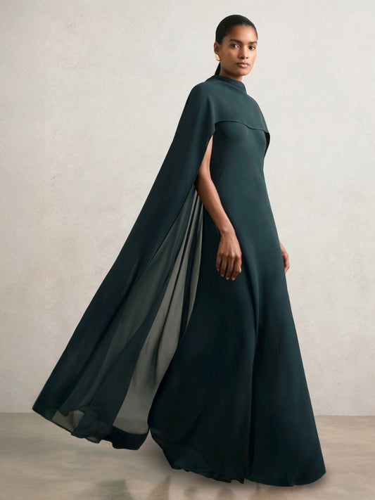 Petite Crepe Cape Maxi Dress in Teal Green | Reiss Women Featured
