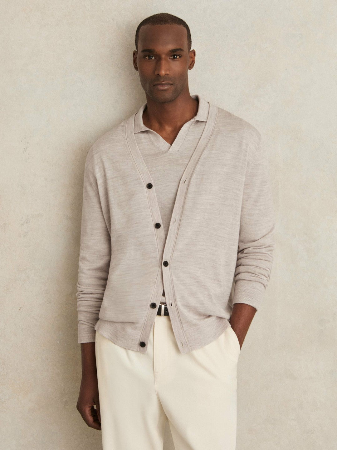 Merino Wool Button-Through Cardigan in Wicker Brown Melange | Reiss Men Popular