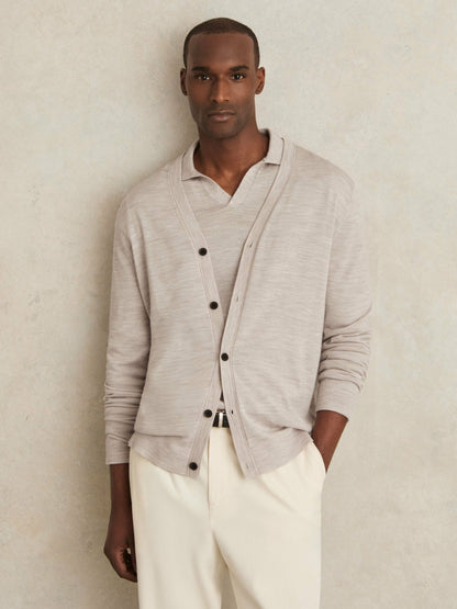 Merino Wool Button-Through Cardigan in Wicker Brown Melange | Reiss Men Popular