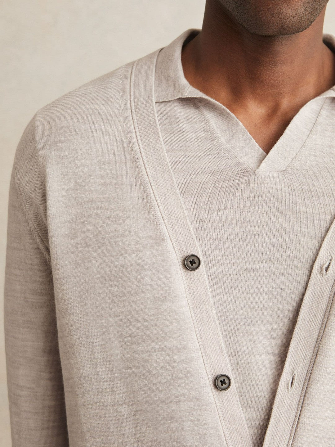 Merino Wool Button-Through Cardigan in Wicker Brown Melange | Reiss Men Popular