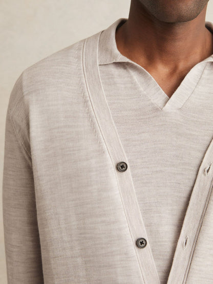 Merino Wool Button-Through Cardigan in Wicker Brown Melange | Reiss Men Popular