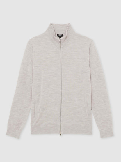 Merino Wool Zip Through Cardigan in Wicker Brown Melange | Reiss Men Exclusive