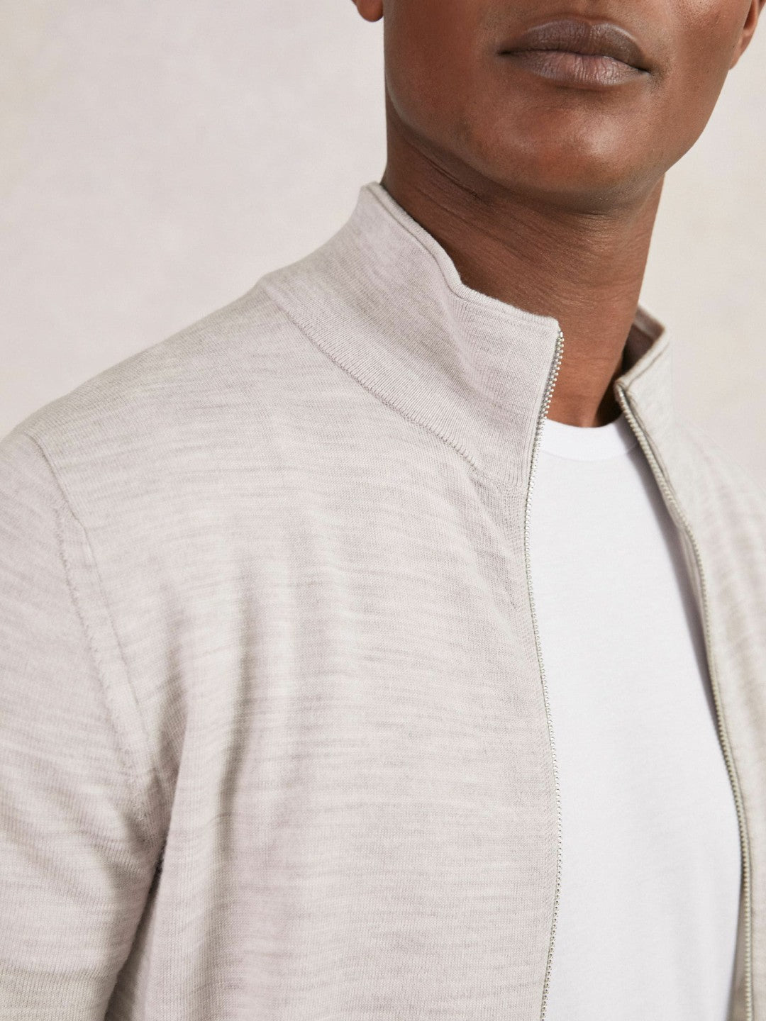 Merino Wool Zip Through Cardigan in Wicker Brown Melange | Reiss Men Exclusive