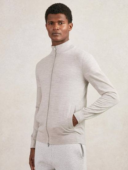 Merino Wool Zip Through Cardigan in Wicker Brown Melange | Reiss Men Exclusive