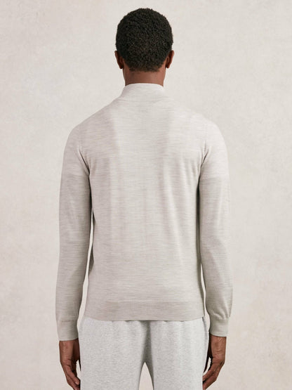 Merino Wool Zip Through Cardigan in Wicker Brown Melange | Reiss Men Exclusive