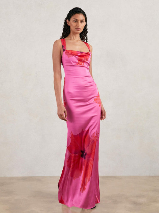Good American Satin Floral Maxi Dress in Pink | Reiss Women Premium