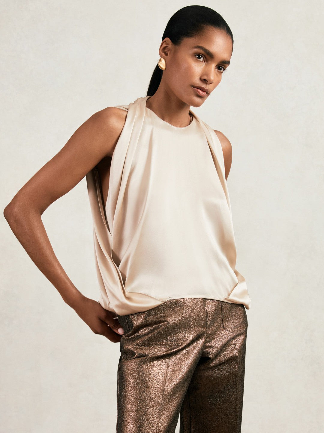 Silk Draped Sleeveless Top in Champagne Neutral | Reiss Women Signature