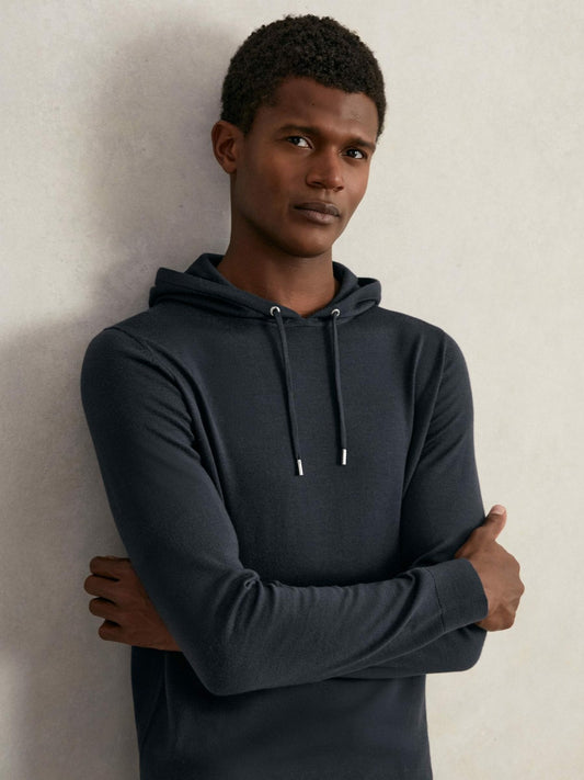 Merino Wool Drawstring Hoodie in Midnight Navy | Reiss Men Best Seller
