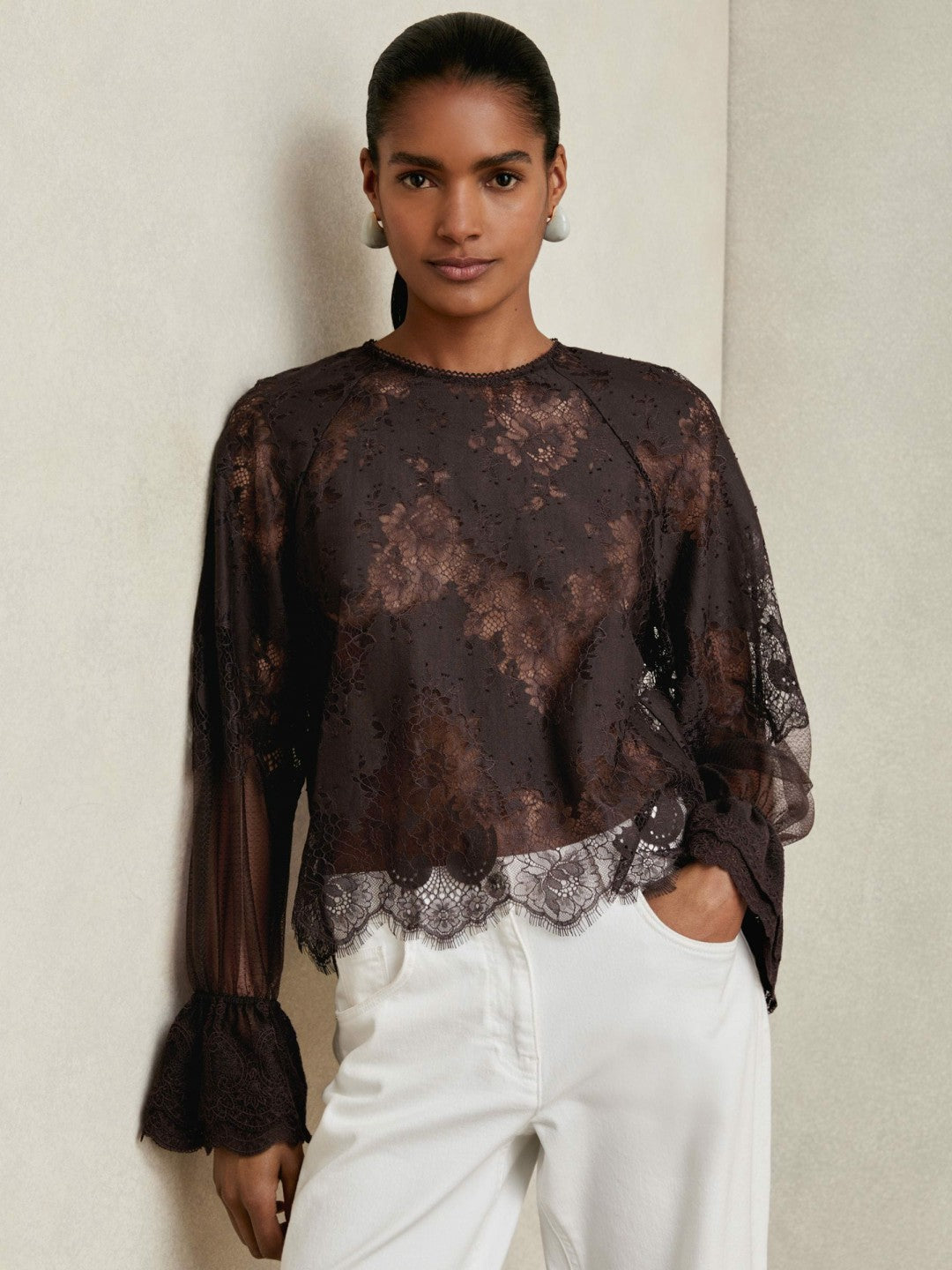 Lace Flared Cuff Blouse in Chocolate Brown | Reiss Women Best Seller