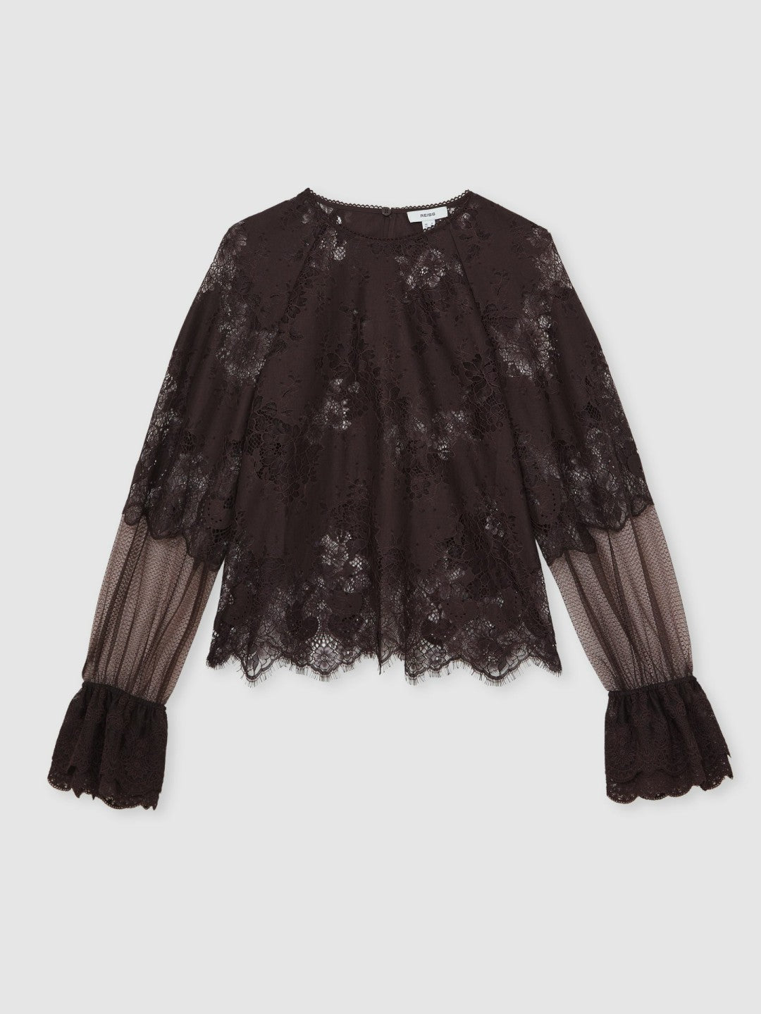 Lace Flared Cuff Blouse in Chocolate Brown | Reiss Women Best Seller