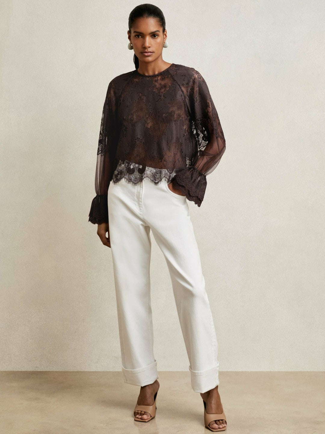 Lace Flared Cuff Blouse in Chocolate Brown | Reiss Women Best Seller