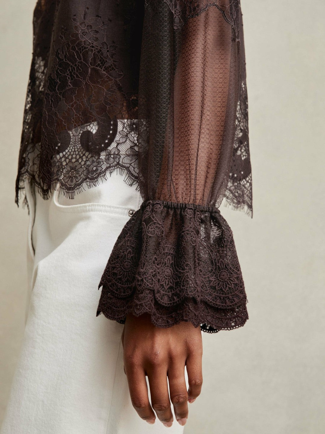Lace Flared Cuff Blouse in Chocolate Brown | Reiss Women Best Seller
