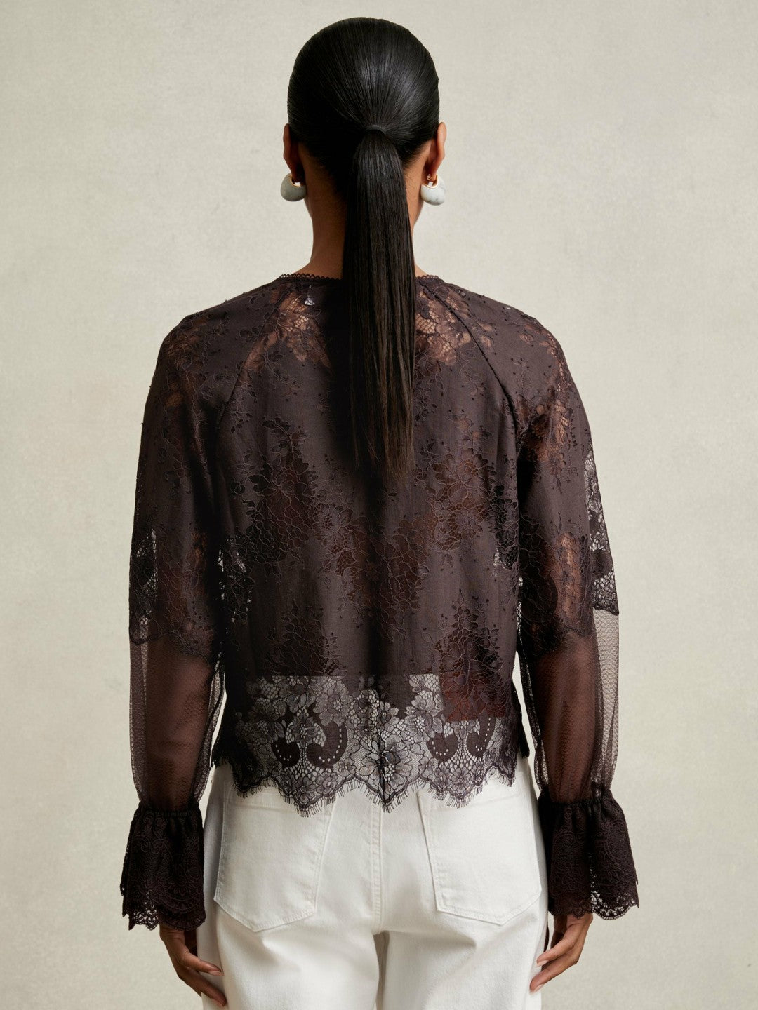 Lace Flared Cuff Blouse in Chocolate Brown | Reiss Women Best Seller