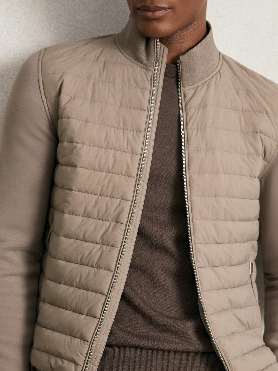 Hybrid Quilt and Knit Zip-Through Jacket in Taupe Brown | Reiss Men Popular