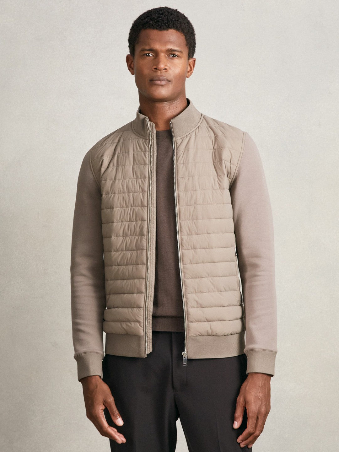 Hybrid Quilt and Knit Zip-Through Jacket in Taupe Brown | Reiss Men Popular