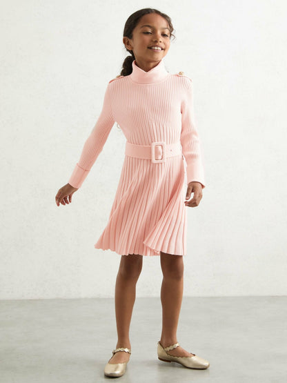 3-9 yrs Rib-Knit Roll-Neck Belted Dress in Pink | Reiss Children & Baby Premium