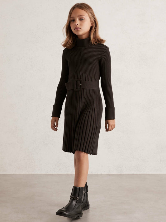 3-9 yrs Rib-Knit Roll-Neck Belted Dress in Chocolate | Reiss Children & Baby Trending