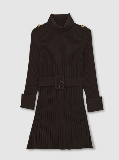 3-9 yrs Rib-Knit Roll-Neck Belted Dress in Chocolate | Reiss Children & Baby Trending