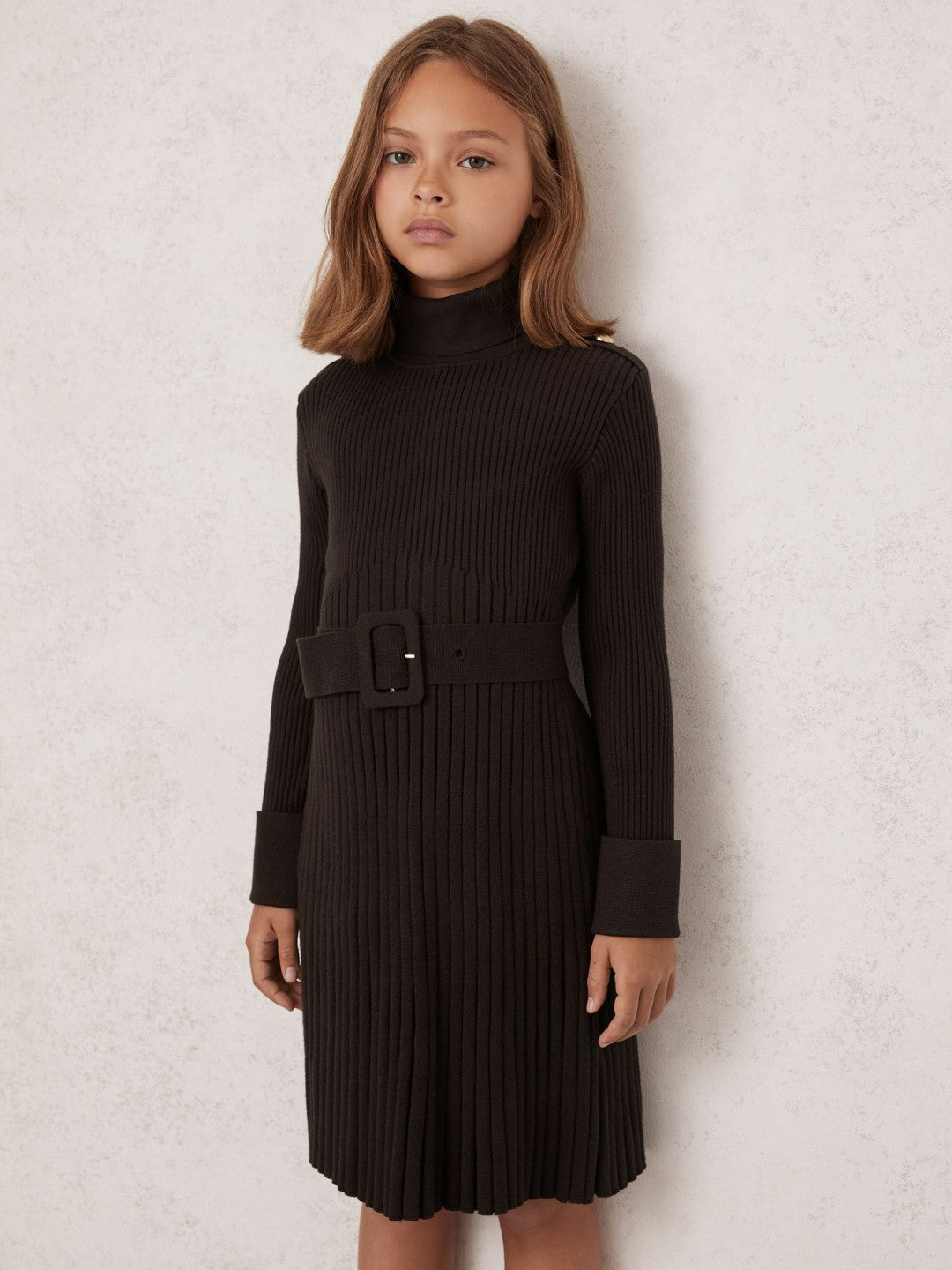 3-9 yrs Rib-Knit Roll-Neck Belted Dress in Chocolate | Reiss Children & Baby Trending