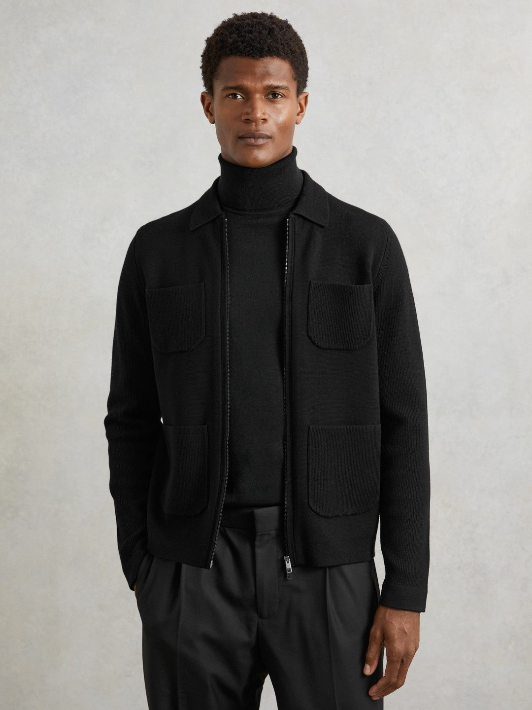 Four-Pocket Zip-Through Cardigan in Black | Reiss Men Premium