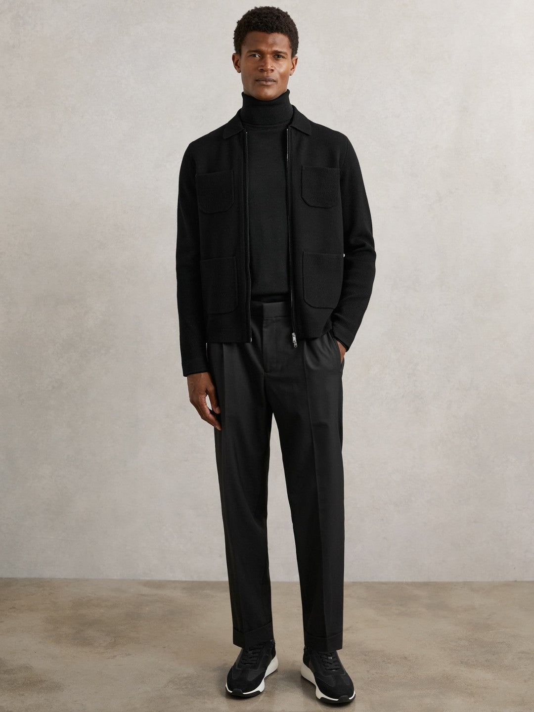 Four-Pocket Zip-Through Cardigan in Black | Reiss Men Premium