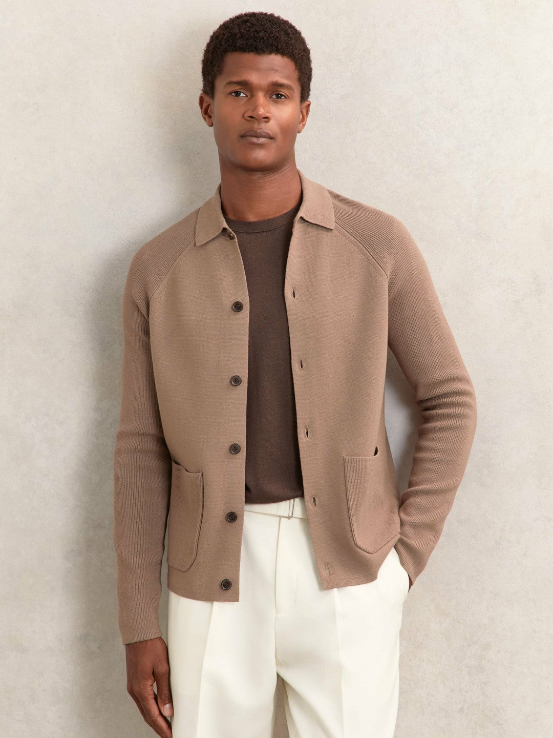 Button-Through Ribbed-Sleeve Shirt in Camel Brown | Reiss Men Trending