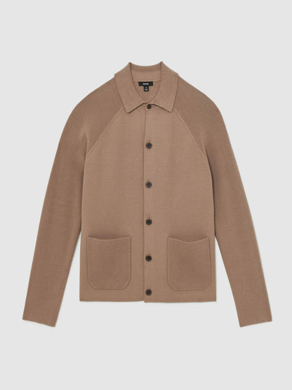 Button-Through Ribbed-Sleeve Shirt in Camel Brown | Reiss Men Trending