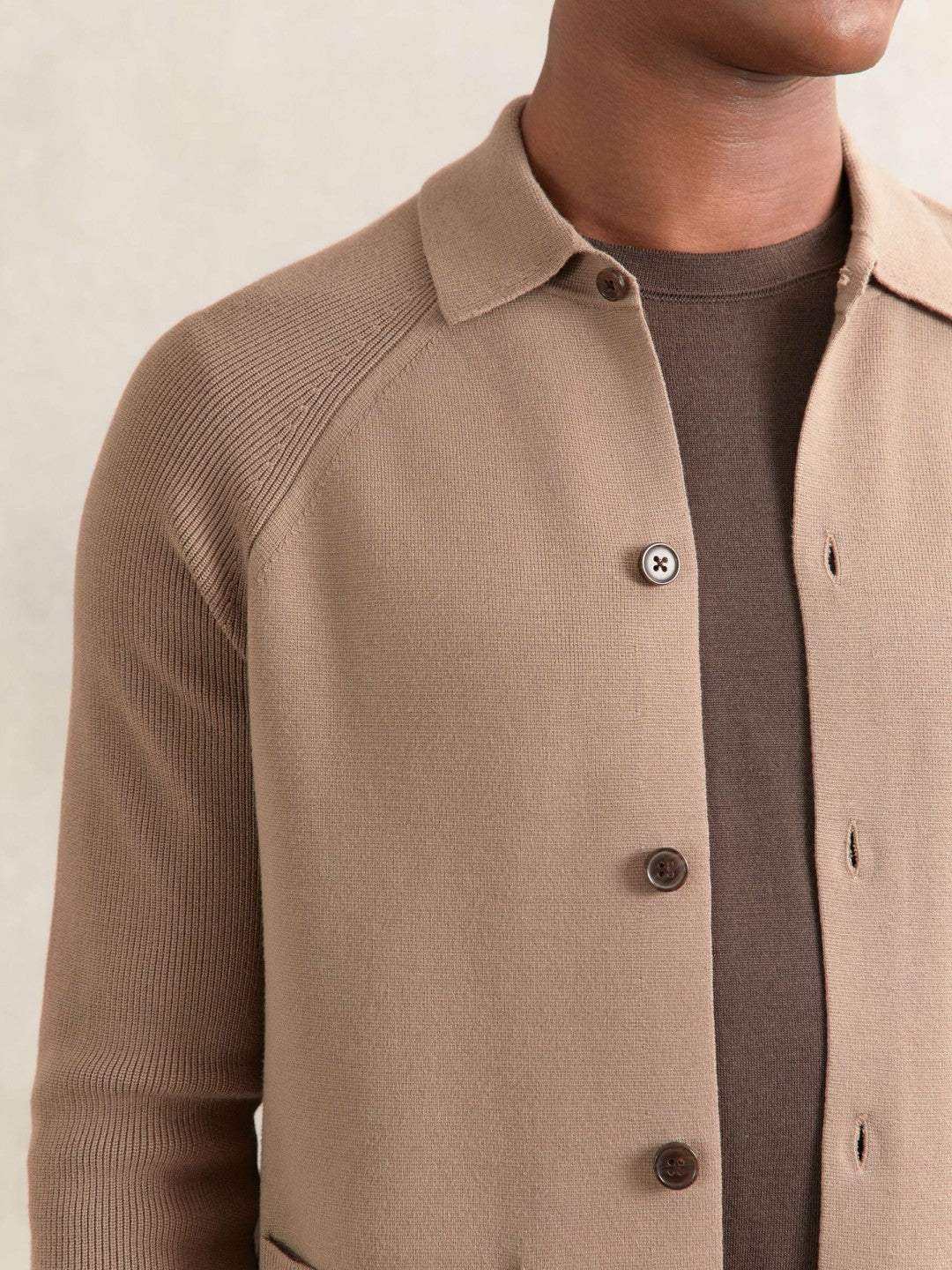 Button-Through Ribbed-Sleeve Shirt in Camel Brown | Reiss Men Trending