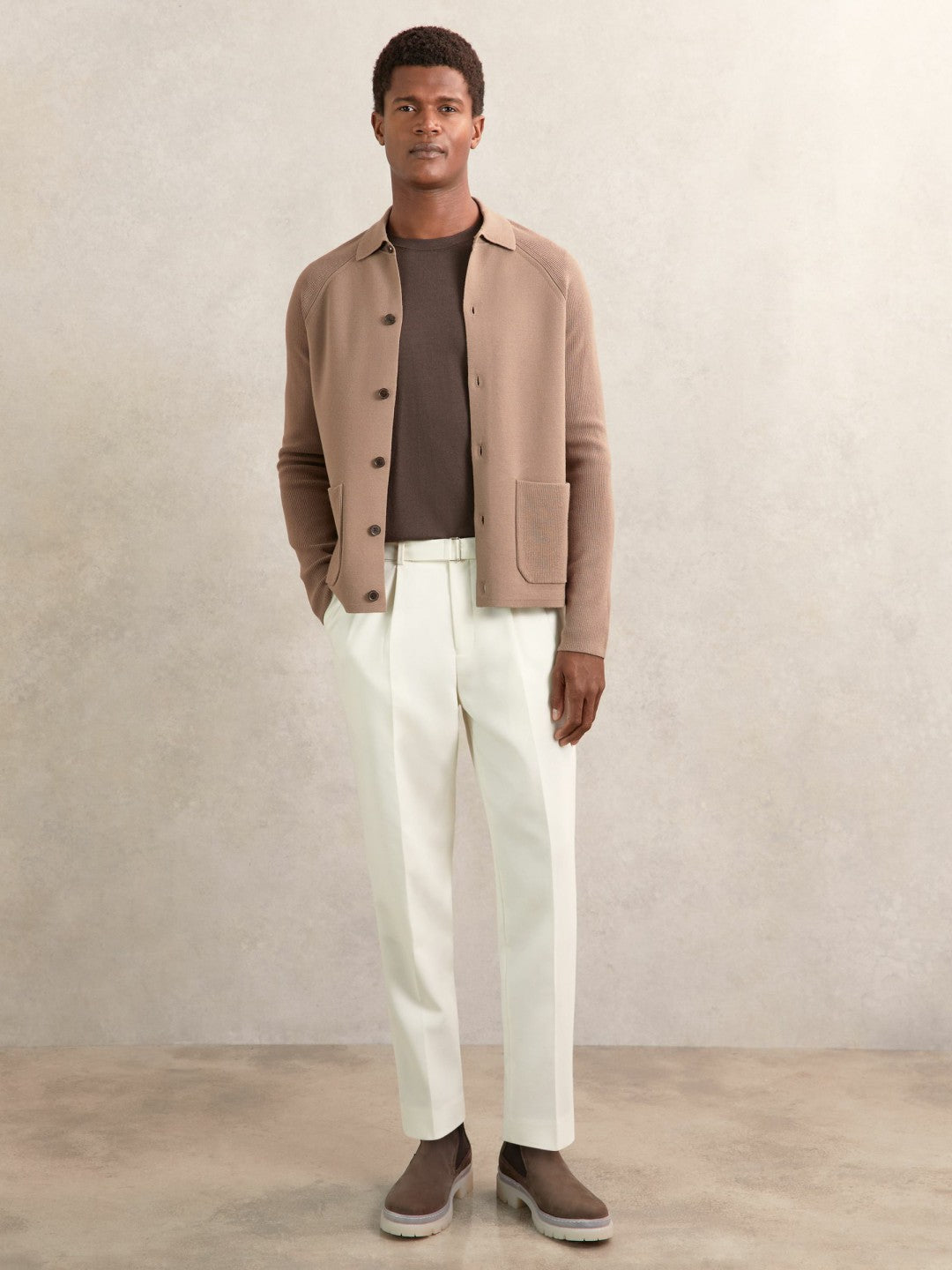 Button-Through Ribbed-Sleeve Shirt in Camel Brown | Reiss Men Trending