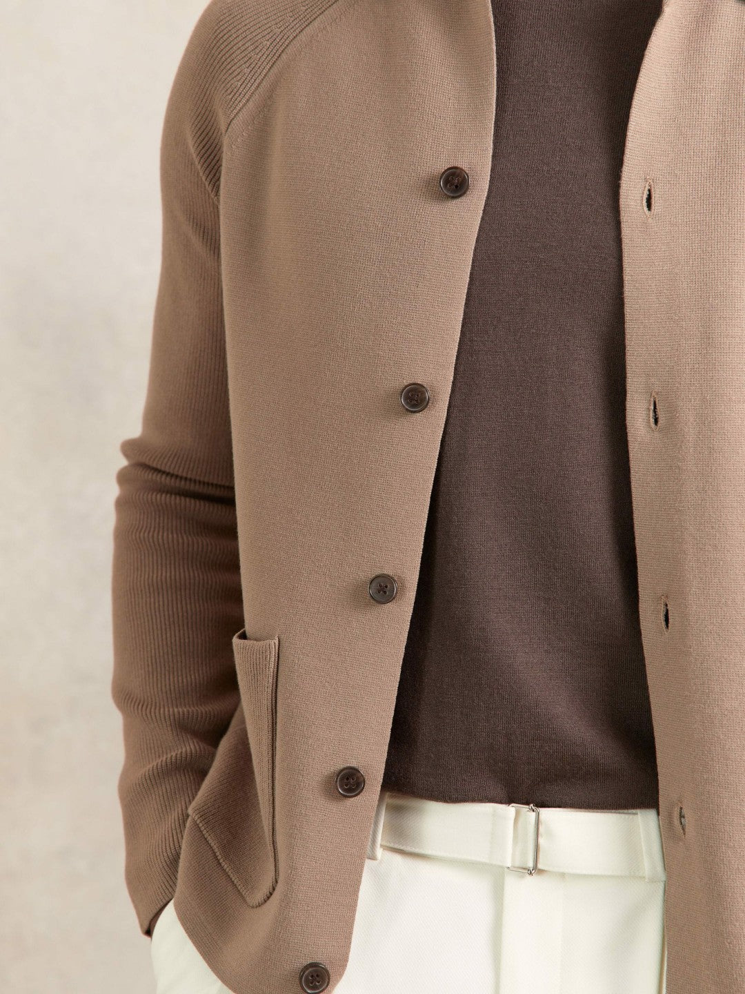 Button-Through Ribbed-Sleeve Shirt in Camel Brown | Reiss Men Trending