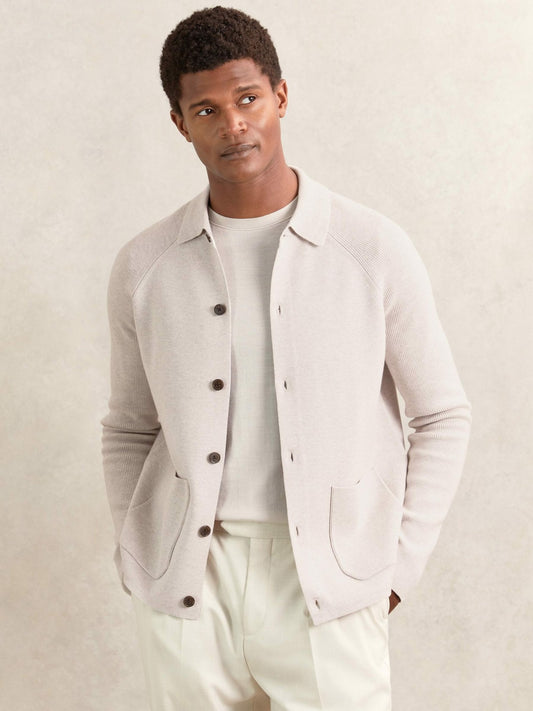 Button-Through Ribbed-Sleeve Shirt in Oatmeal Brown | Reiss Men Recommended