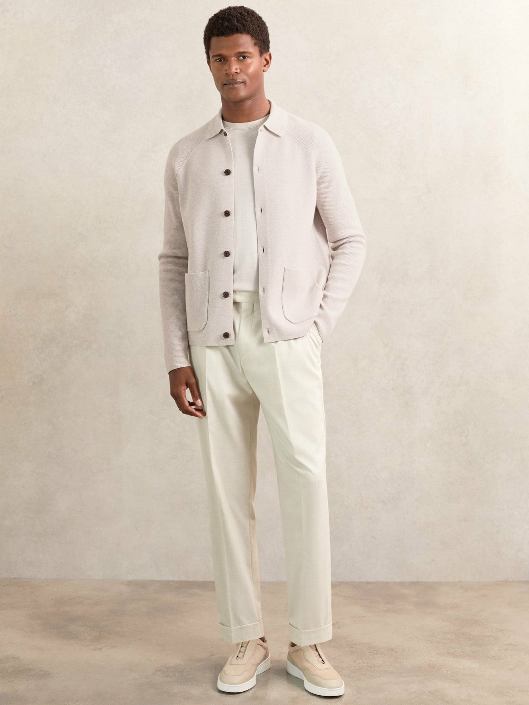 Button-Through Ribbed-Sleeve Shirt in Oatmeal Brown | Reiss Men Recommended