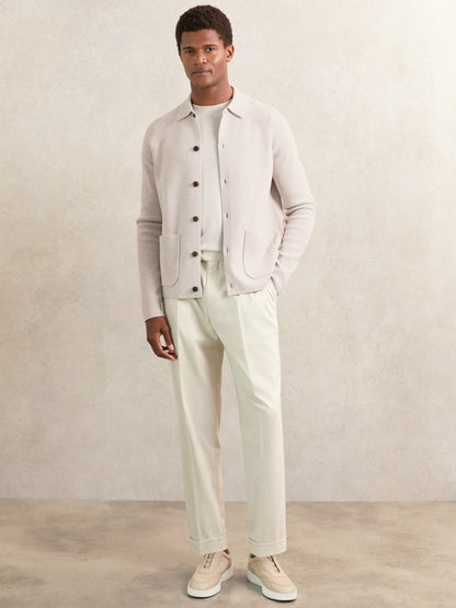 Button-Through Ribbed-Sleeve Shirt in Oatmeal Brown | Reiss Men Recommended
