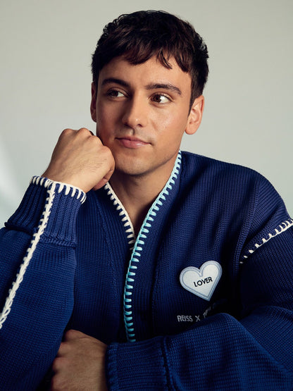 | Tom Daley Lover Knit Cardigan in Navy Blue | Reiss Men Featured