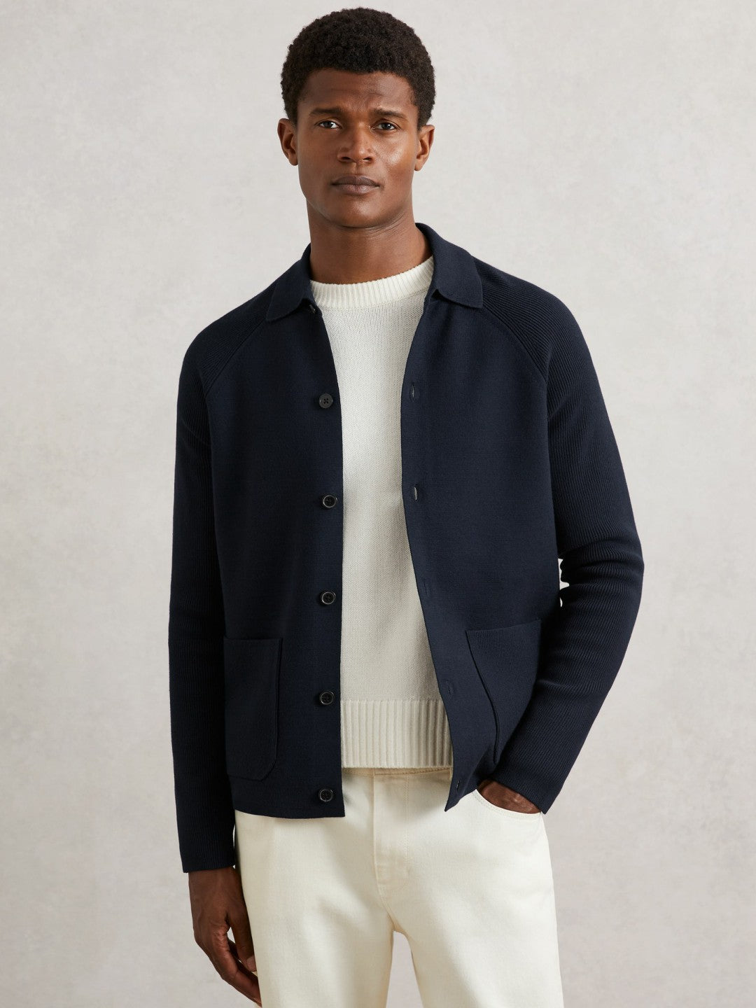 Button-Through Ribbed-Sleeve Shirt in Navy Blue | Reiss Men Premium