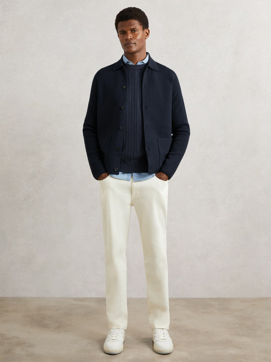 Button-Through Ribbed-Sleeve Shirt in Navy Blue | Reiss Men Premium