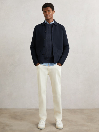 Button-Through Ribbed-Sleeve Shirt in Navy Blue | Reiss Men Premium
