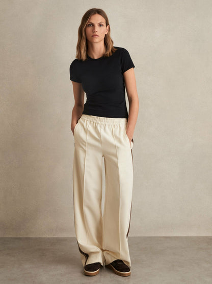 Petite Side-Stripe Wide-Leg Trousers in Cream | Reiss Women Premium