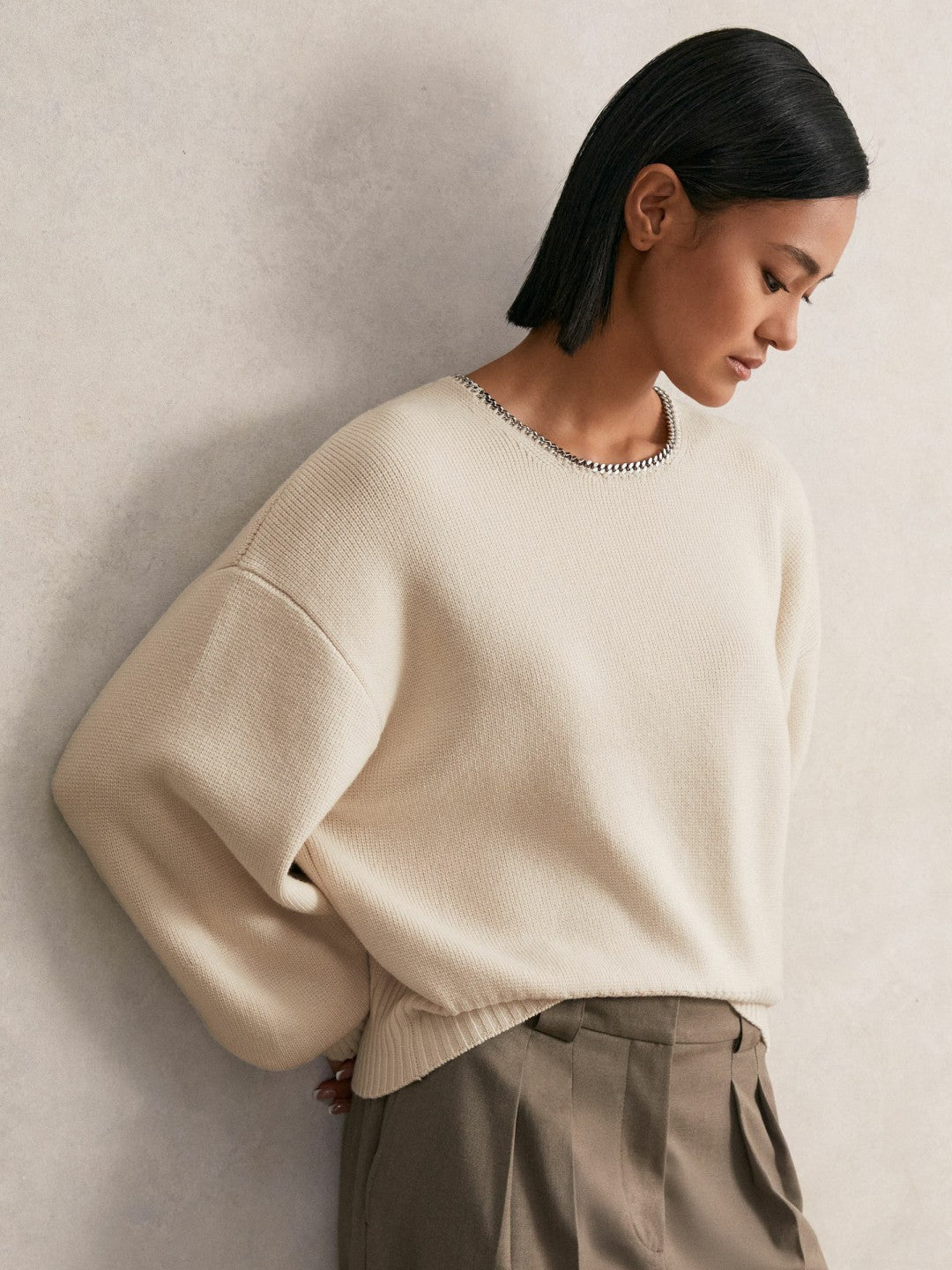 Wool-Blend Necklace-Trim Jumper with Cashmere in Cream | Reiss Women Popular