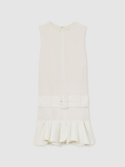 Ruffle Hem Belted Mini Dress in Ivory | Reiss Women Signature