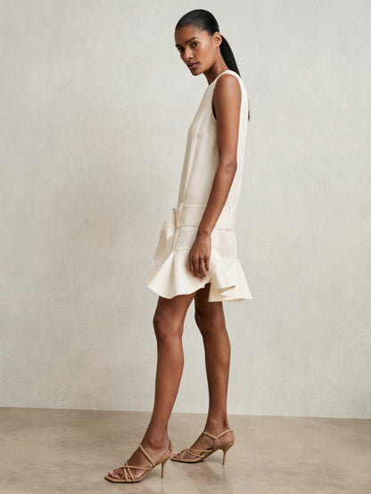 Ruffle Hem Belted Mini Dress in Ivory | Reiss Women Signature