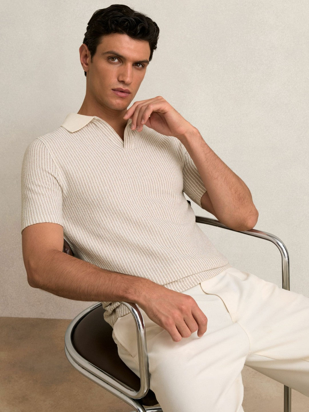 Cotton-Blend Stripe Polo Shirt in Ecru/Taupe Brown | Reiss Men Featured