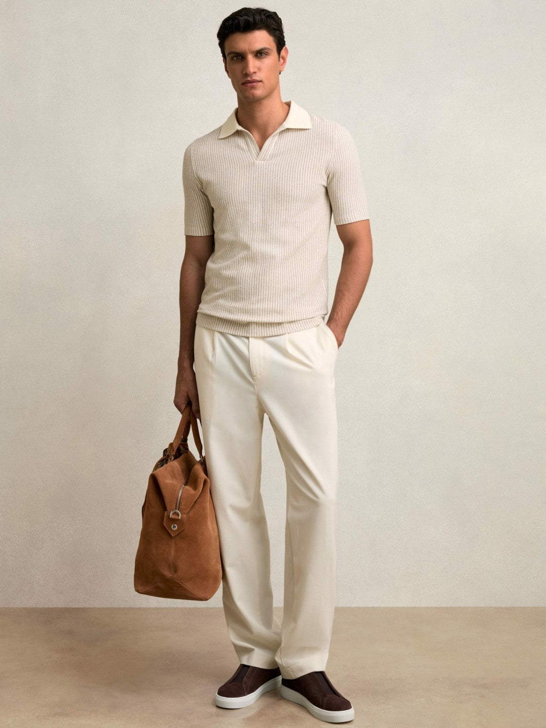 Cotton-Blend Stripe Polo Shirt in Ecru/Taupe Brown | Reiss Men Featured